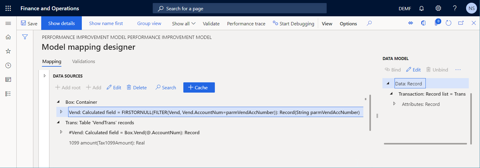 Vend data source on the Model mapping designer page.