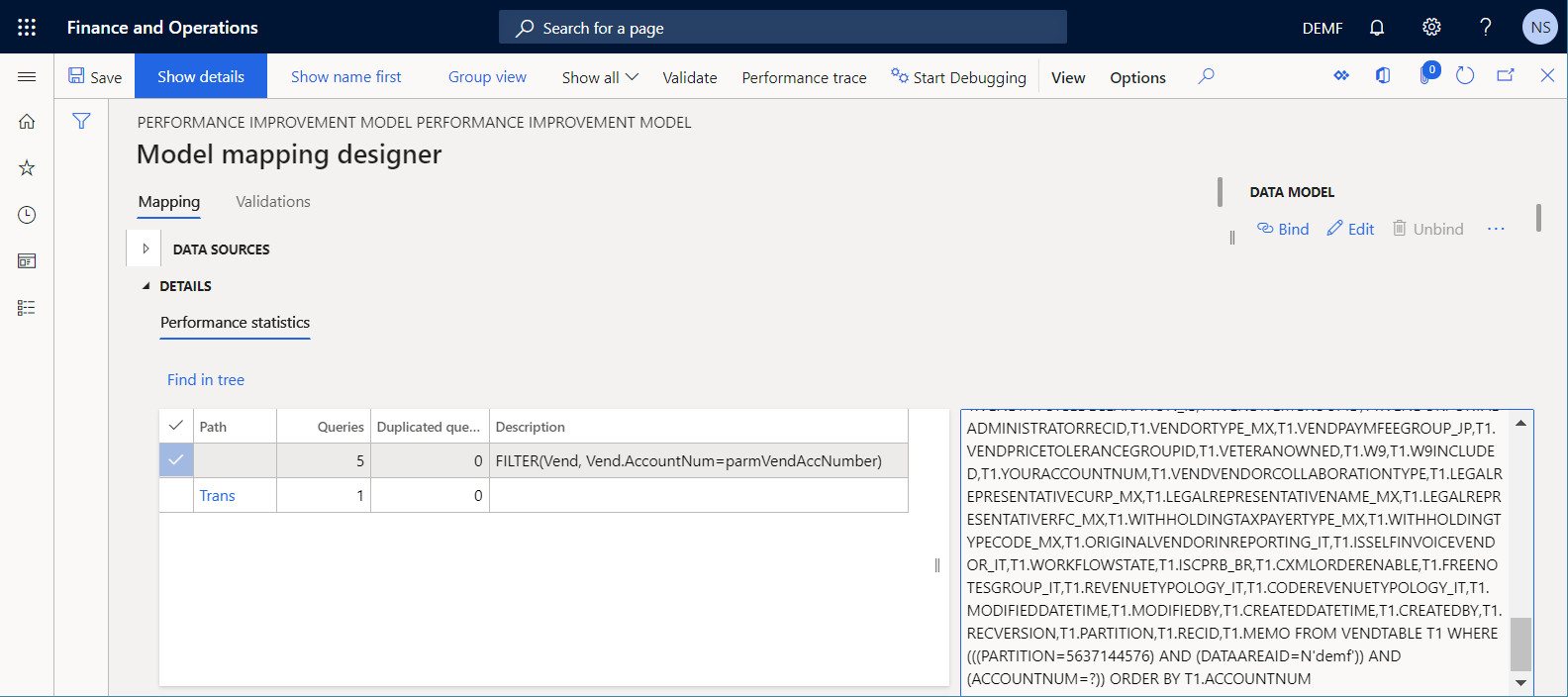 Trace information on the Model mapping designer page 1.