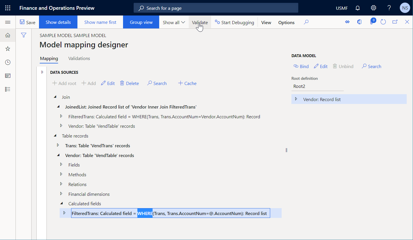 Validating the editable model mapping componenent and verifying that the JoinedList data source can be queried on the Model mapping designer page.