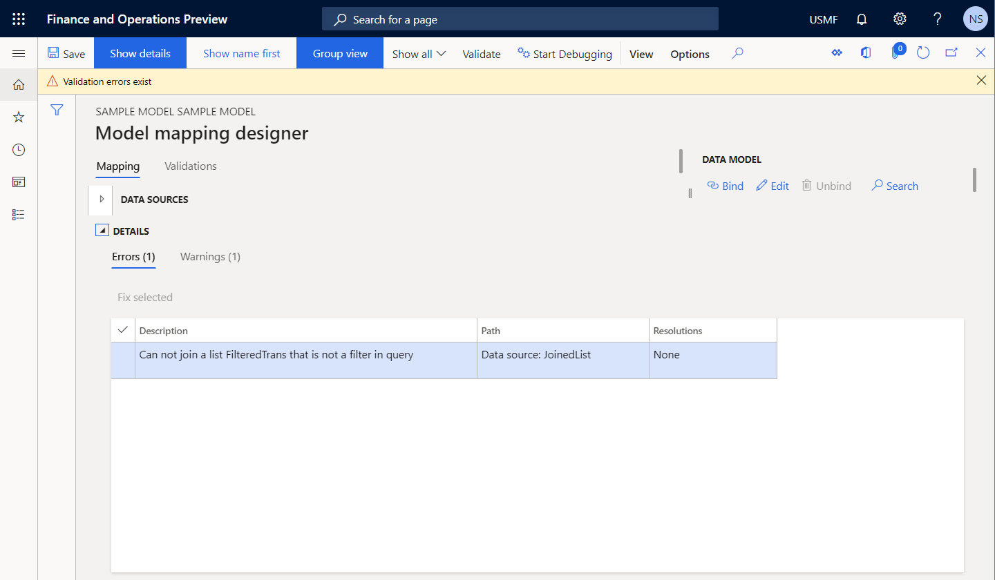 Runtime errors from the failed validation of the JoinedList data source on the Model mapping designer page.