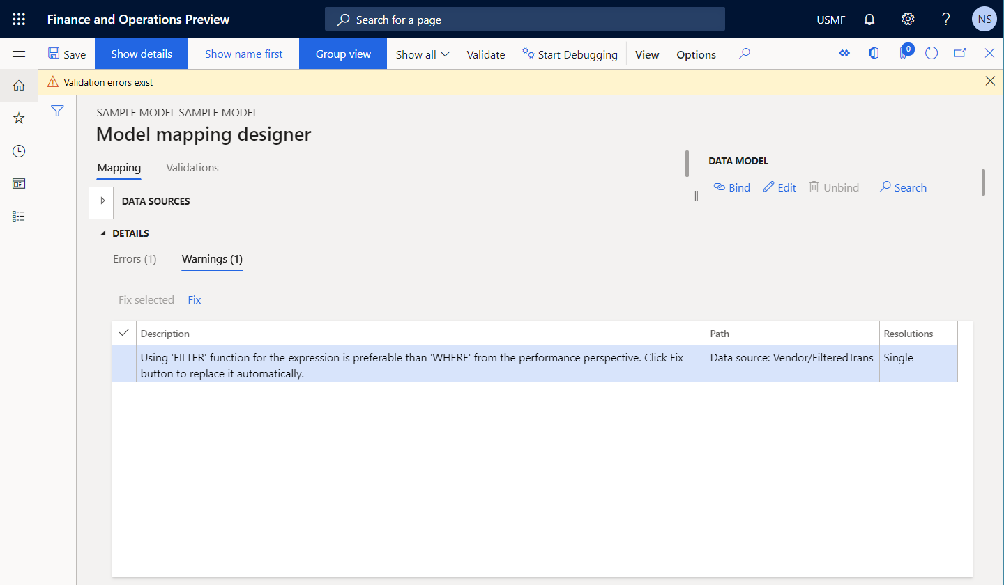 Updated expression of data source on the Model mapping designer page.