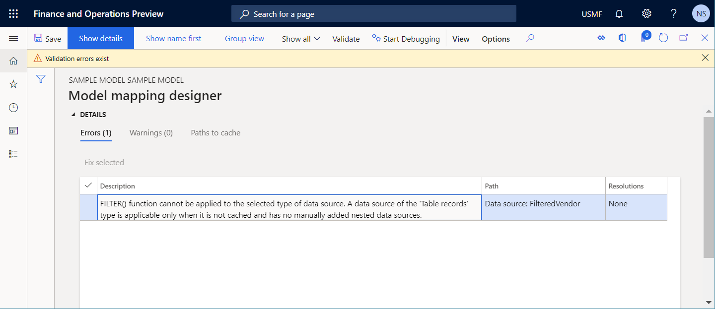 Validating the FILTER function that is applied to the cached Vendor data source on the Model mapping designer page.