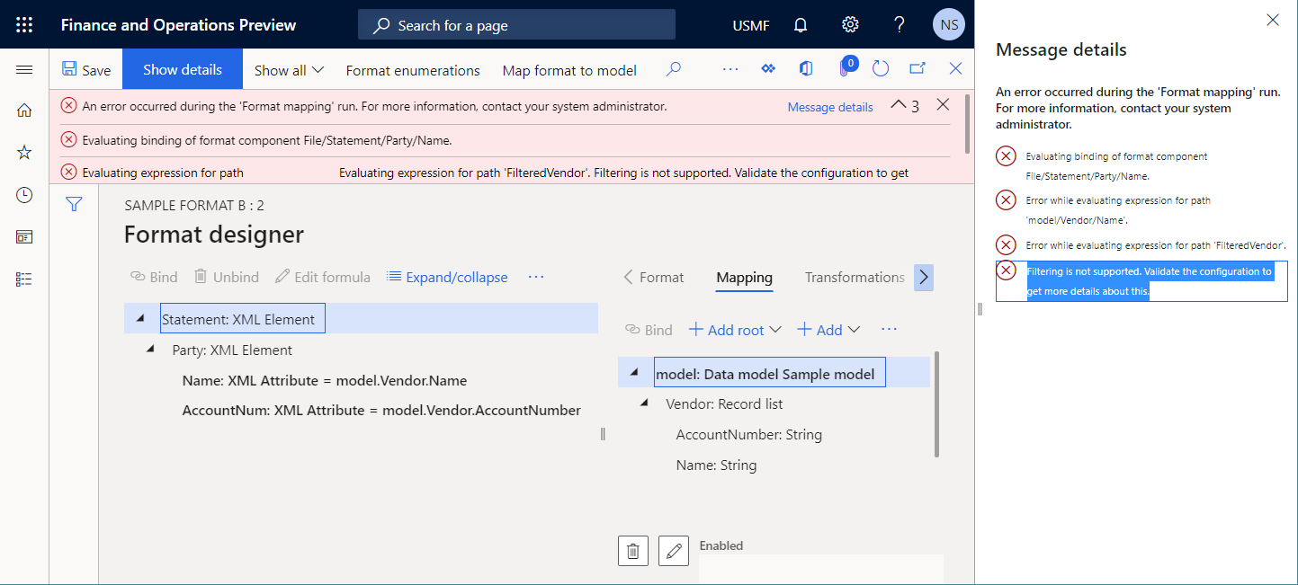 Runtime error that occurs during the format mapping run on the Format designer page.