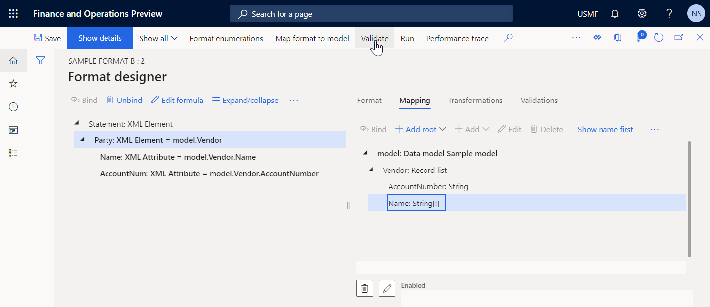 Validate the ER format component on the Format designer page.