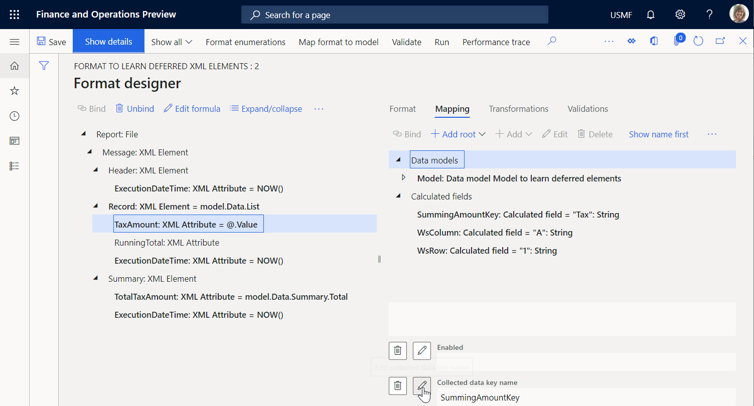 TaxAmount attribute on the Format designer page.