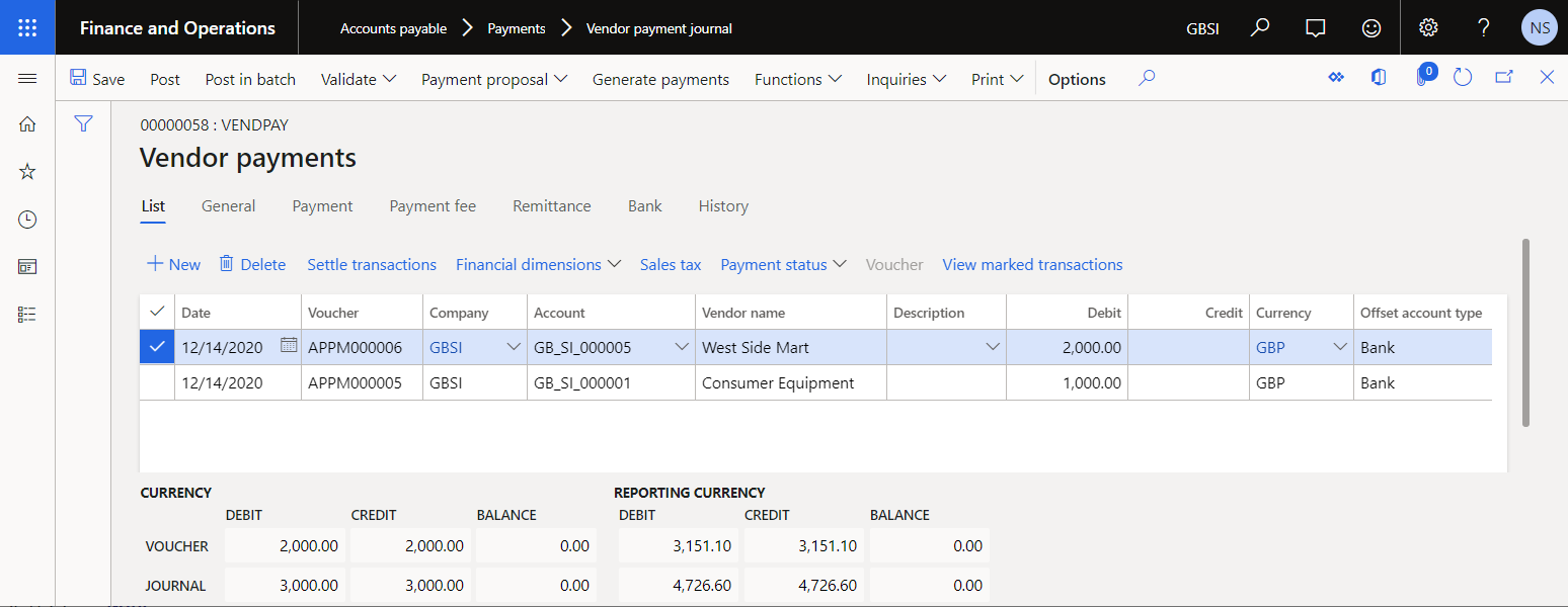 Payments for processing on the Vendor payments page.