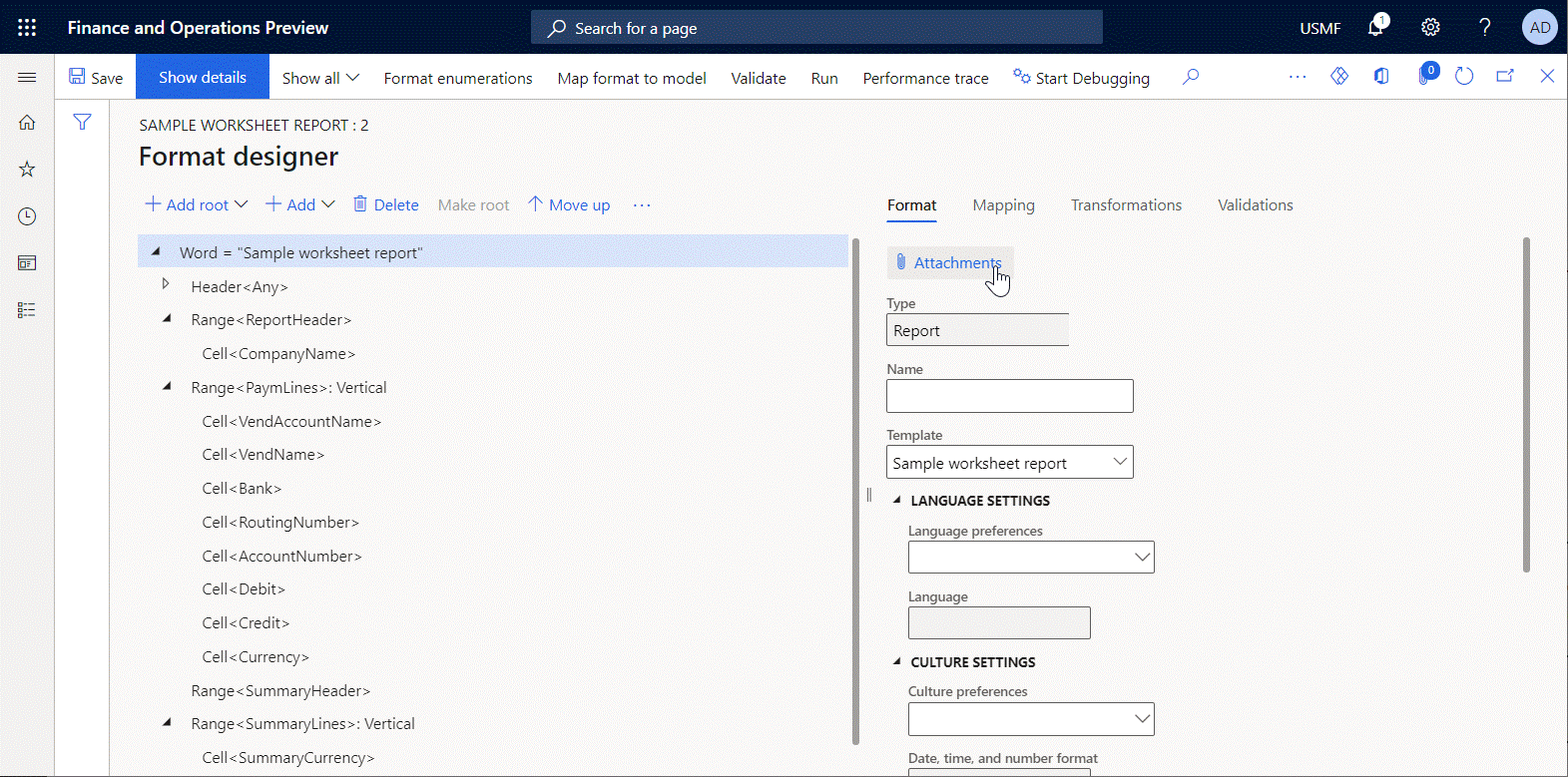 Previewing the sample report template in the Word desktop application.