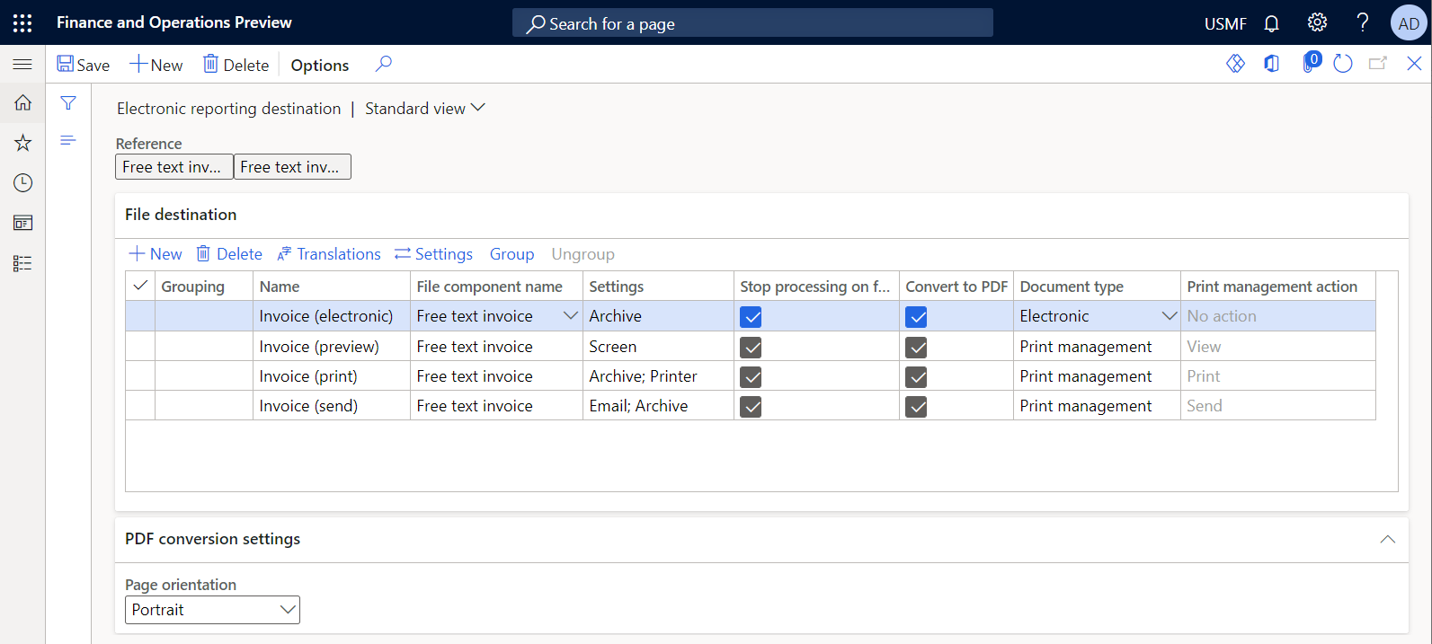 Electronic reporting destination page that has action-dependent destination settings for an ER format when every destination record is configured for a single user action.