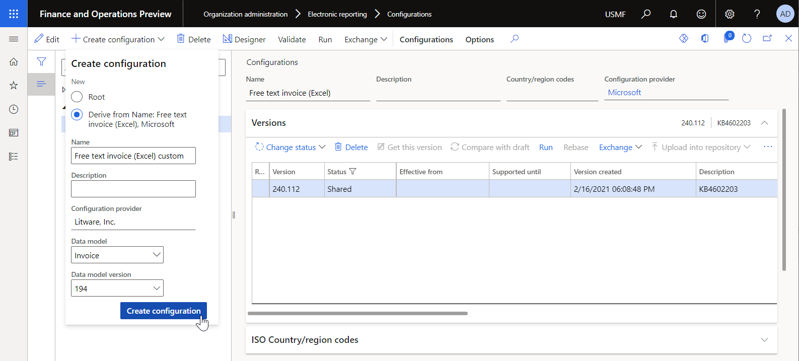 Creating a configuration for a custom payment format in the Create configuration drop-down dialog box.