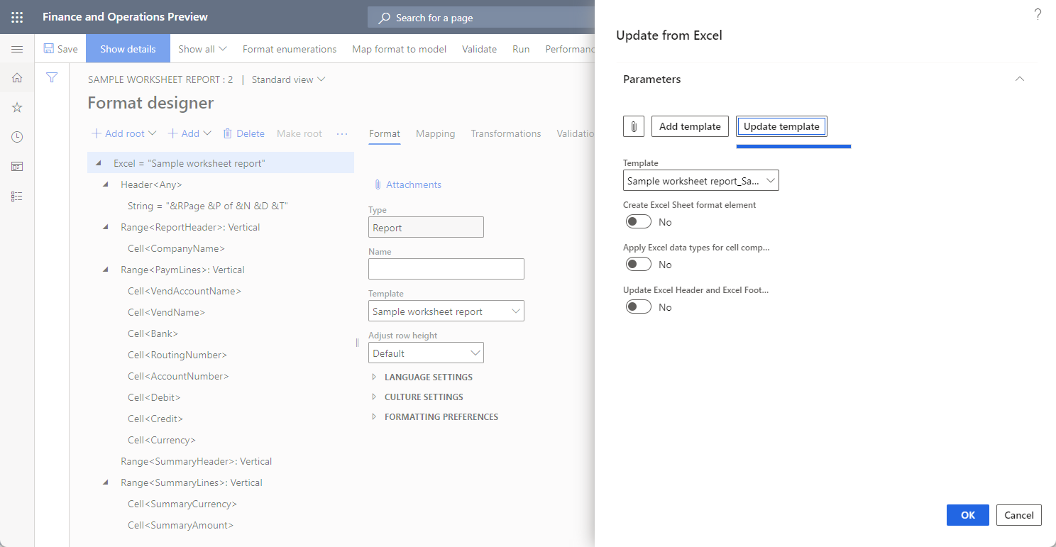 Update Excel Header and Excel Footer format elements option in the Update from Excel dialog box.