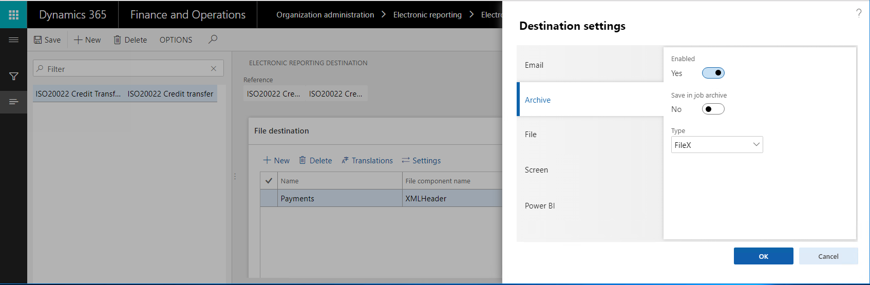 Destination settings dialog box.