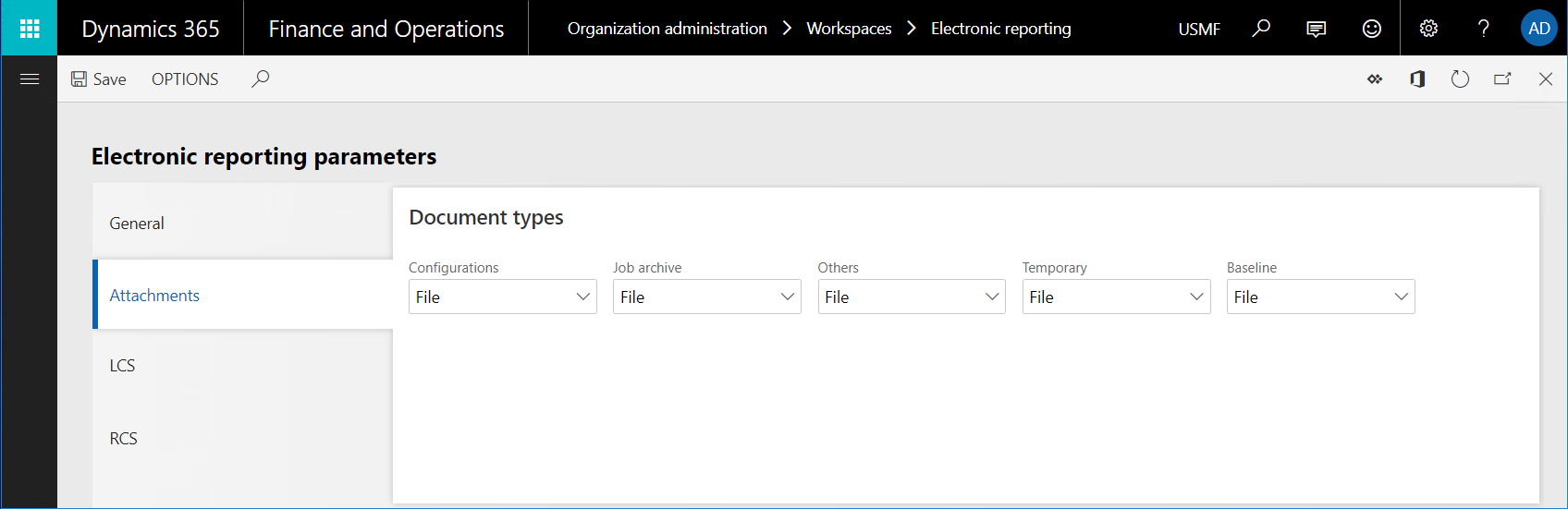 Electronic reporting parameters page.