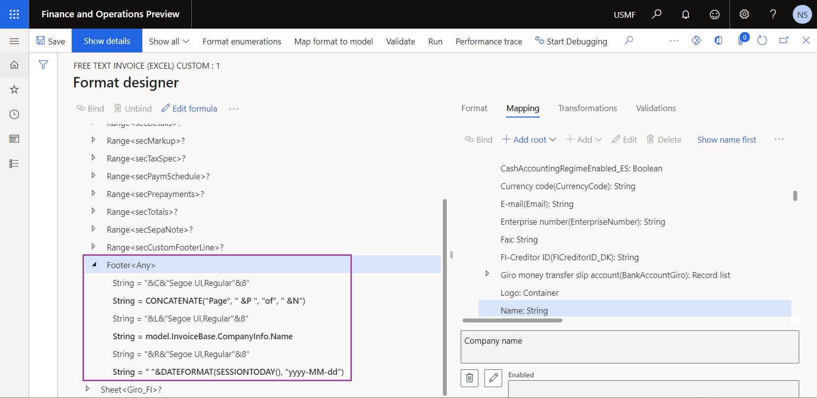 Reviewing the Footer ER format component on the Format designer page.