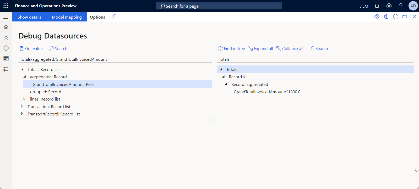 Results of the Totals data source debugging on the Debug datasources page.