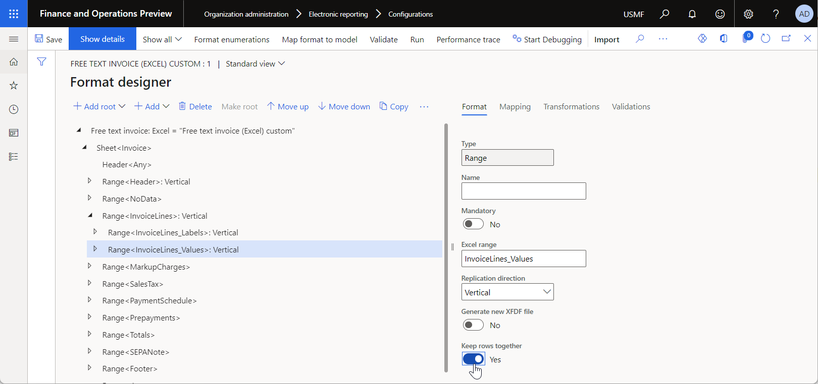 Setting the Keep rows together option for the editable ER format on the Format designer page.