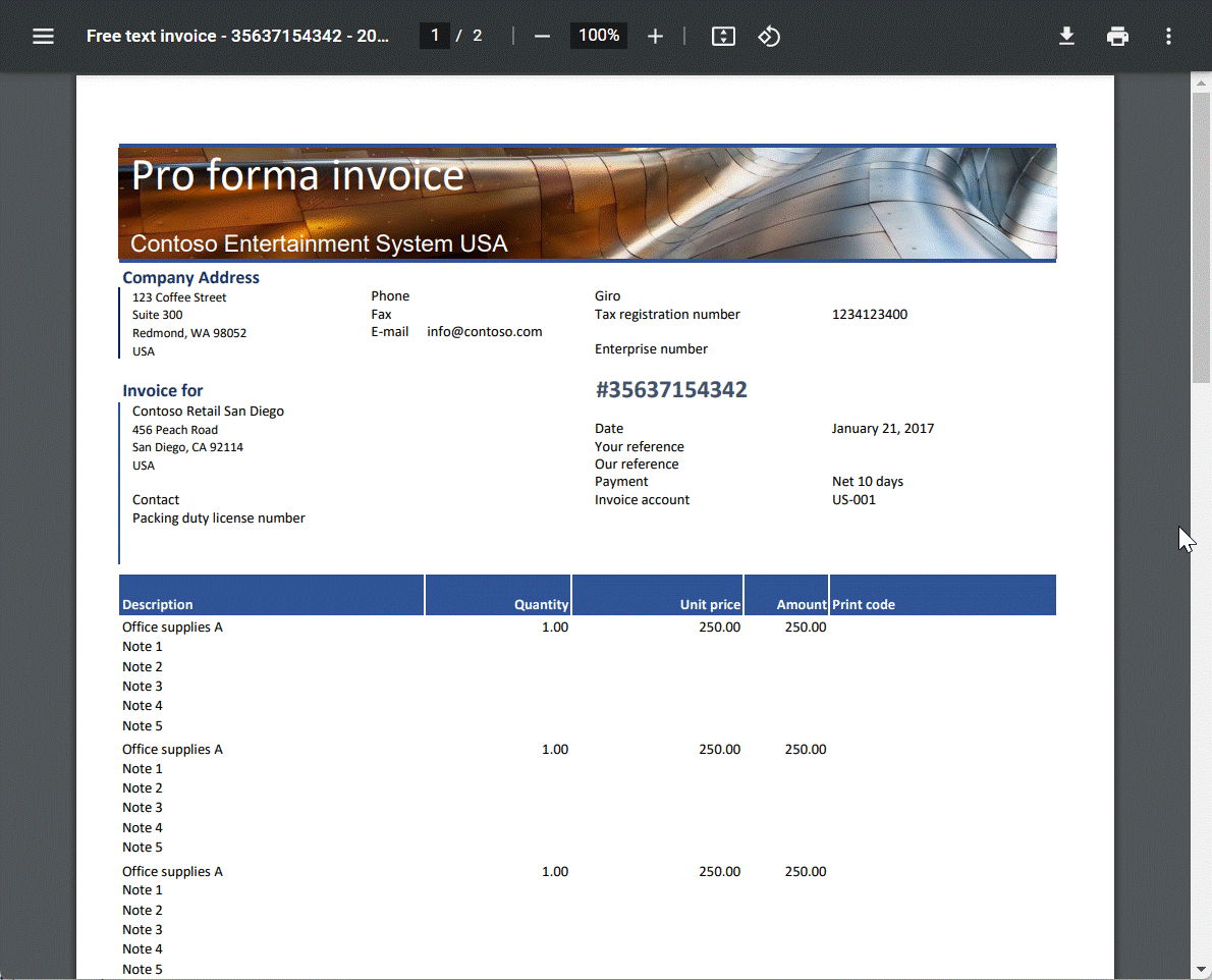 Reviewing the updated pagination of the generated free text invoice in the Excel desktop application.