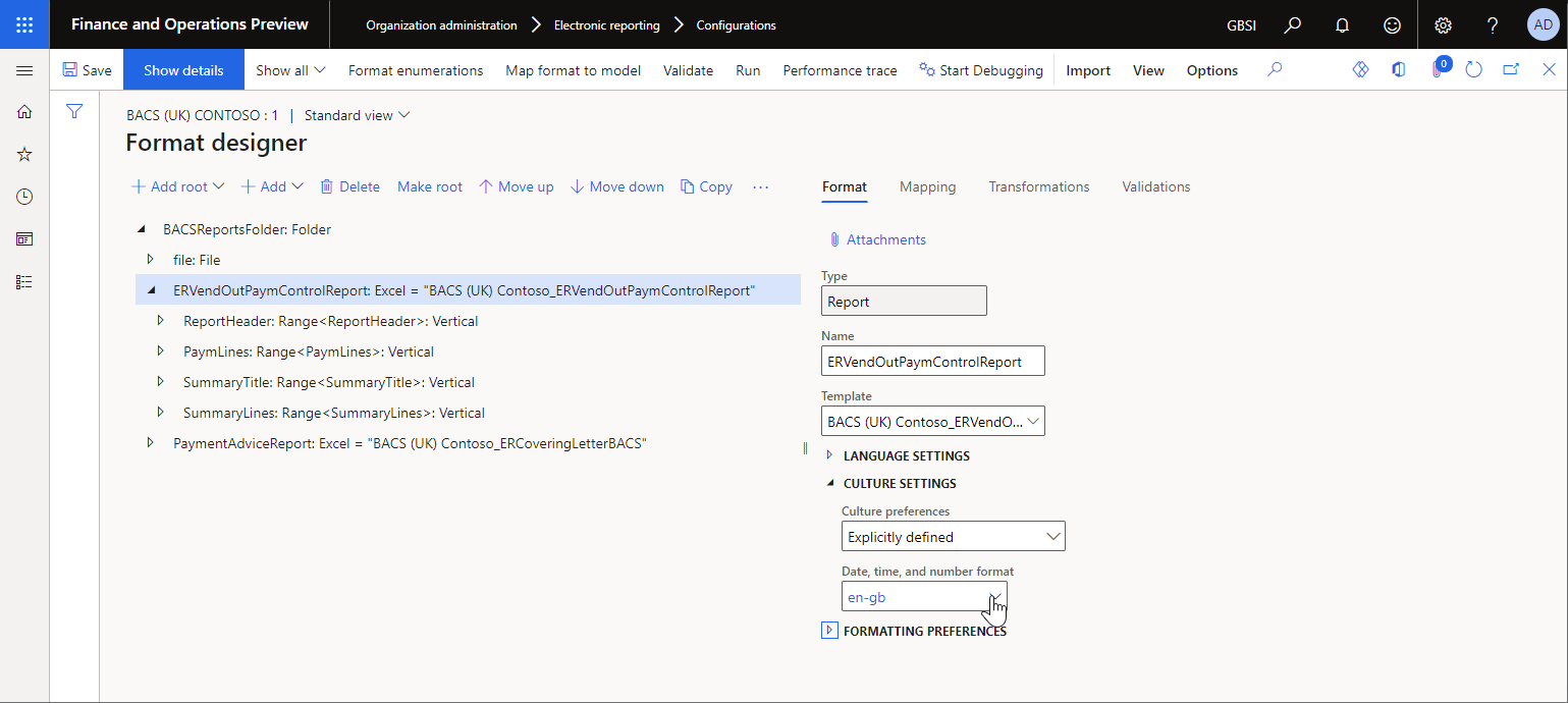 Defining the culture that is specified at design time as the culture of a generated report in the ER Operation designer.