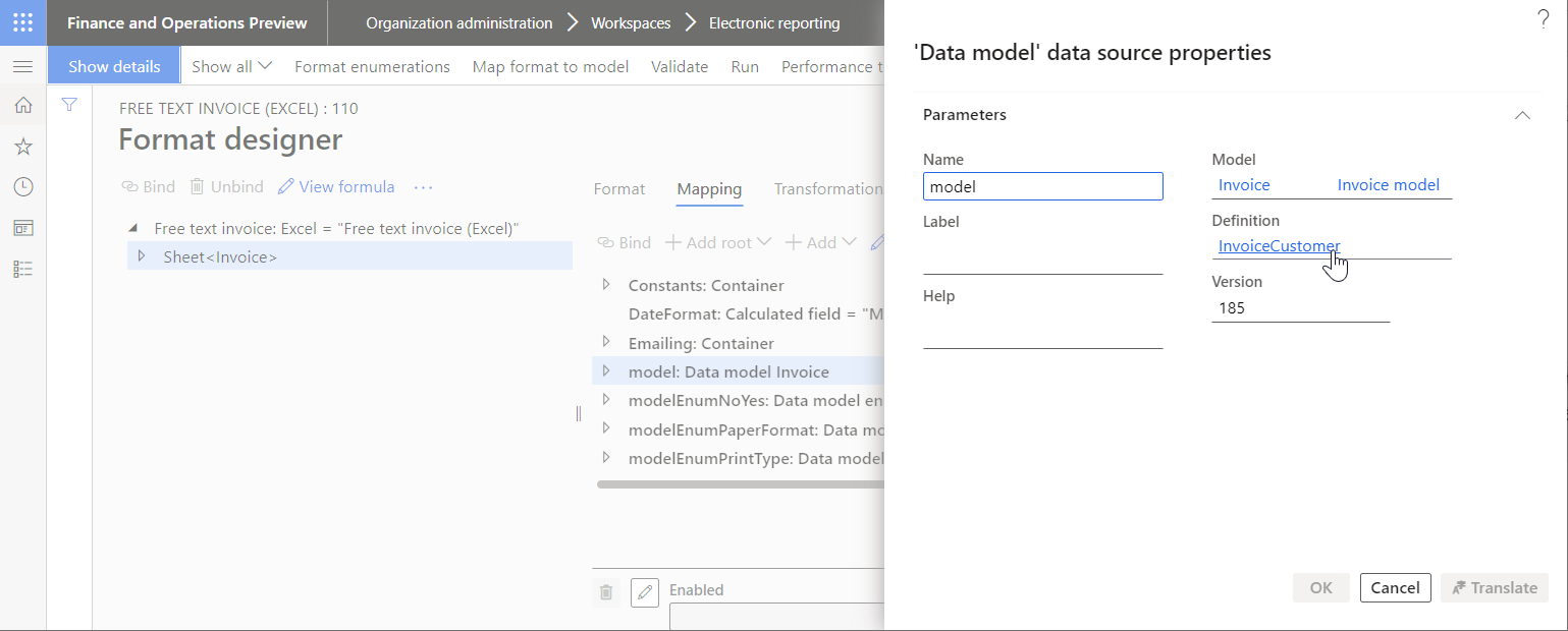 Reviewing the model data source on the Format designer page.