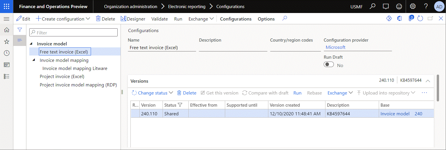 Opening the format for editing on the Configurations page.