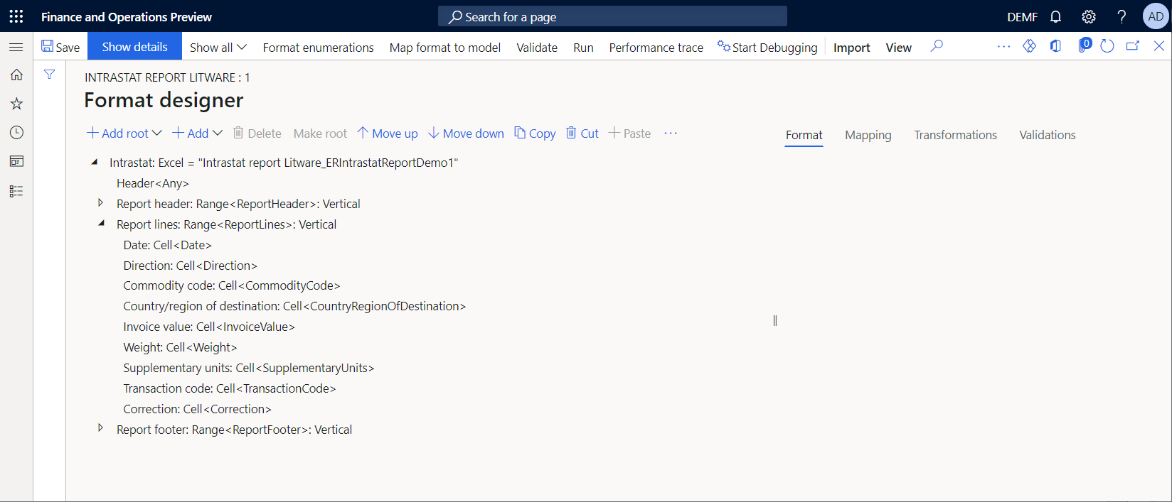 Format structure in the ER format designer after the new Excel template is added.