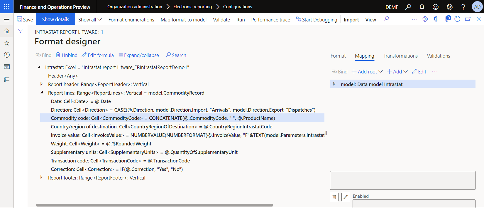 Configured binding for showing the item description in the ER format designer.