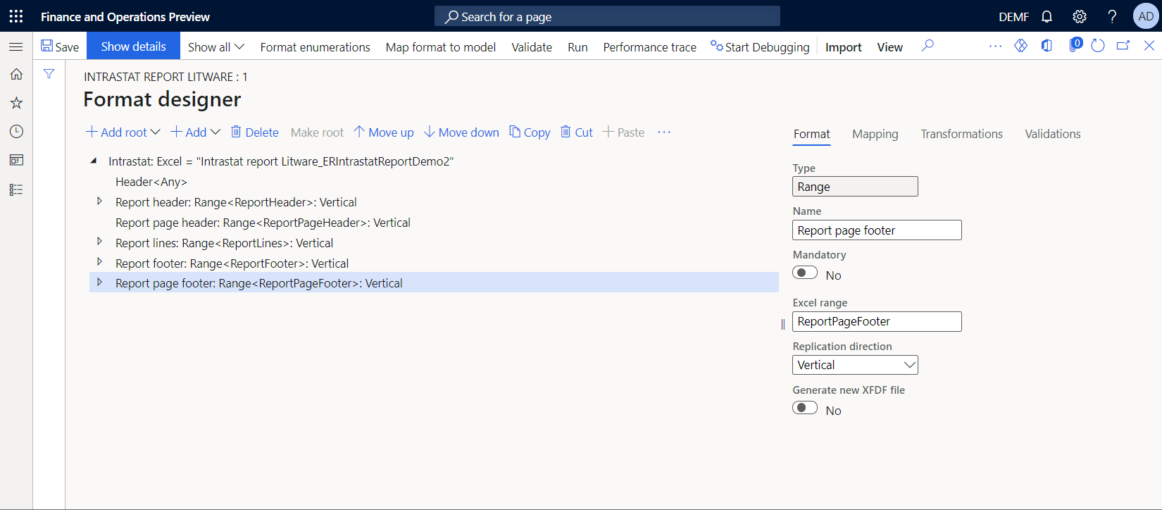 Format structure in the ER format designer after the Excel template is replaced.