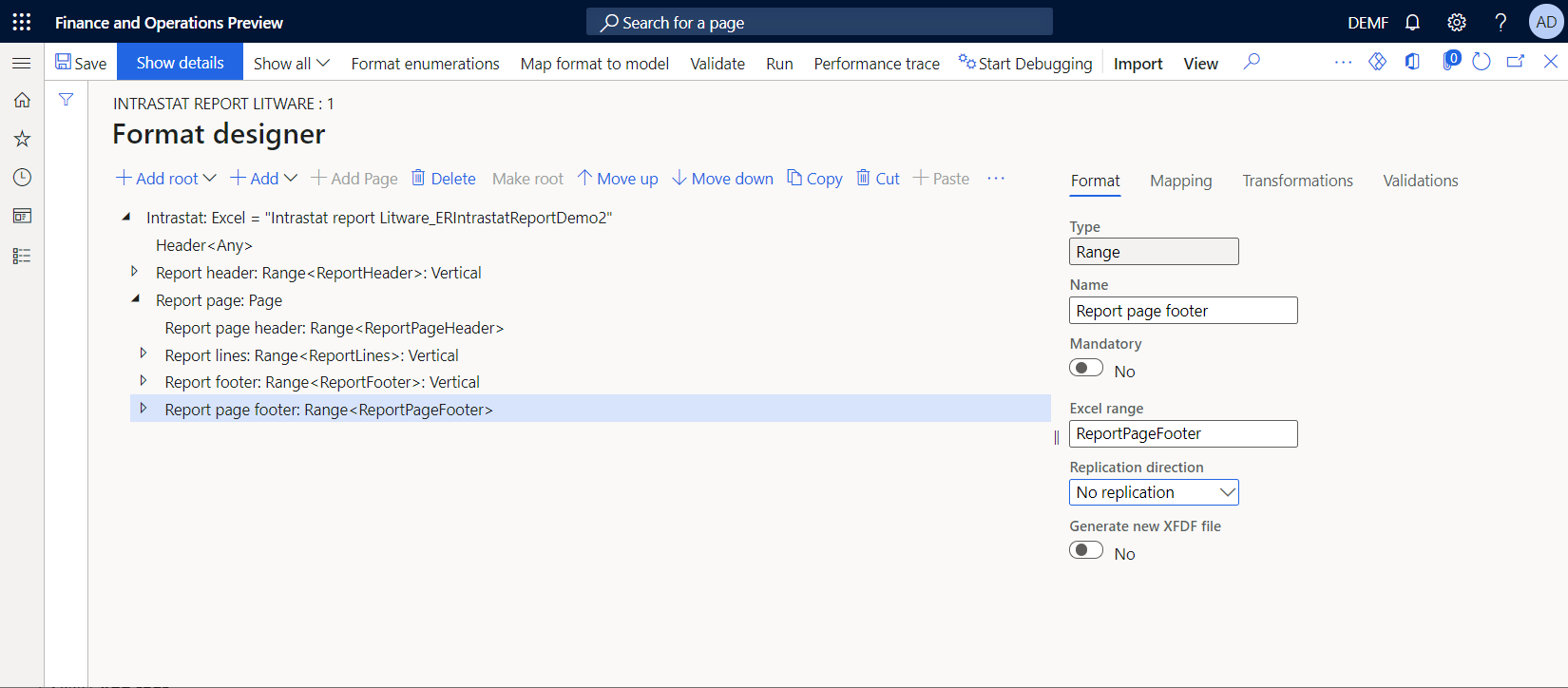 Format structure in the ER format designer after document pagination is implemented.