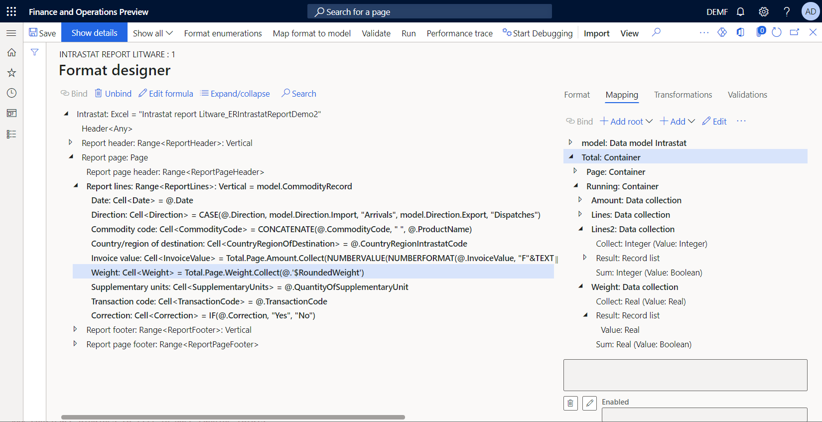 Configured bindings for collecting total values in the ER format designer.