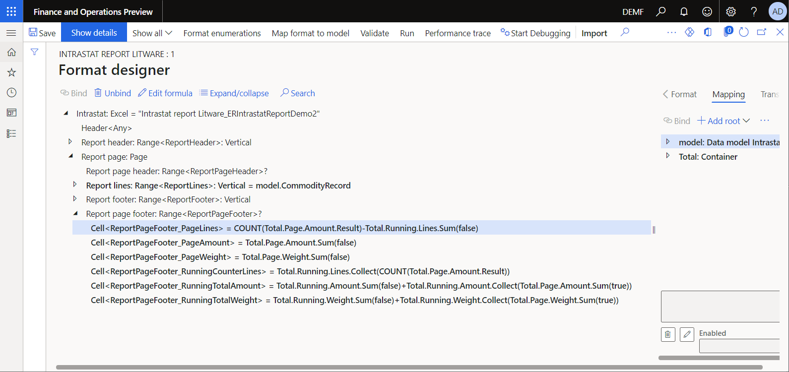 Configured bindings for filling in the page footer counter in the ER format designer.