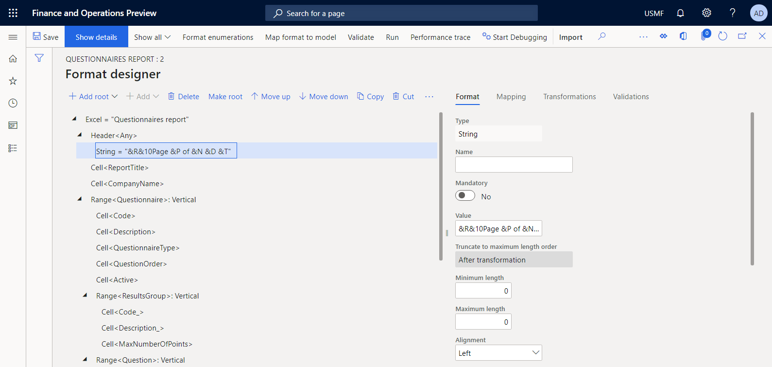 Format structure that includes automatically added elements in the ER Operation designer.