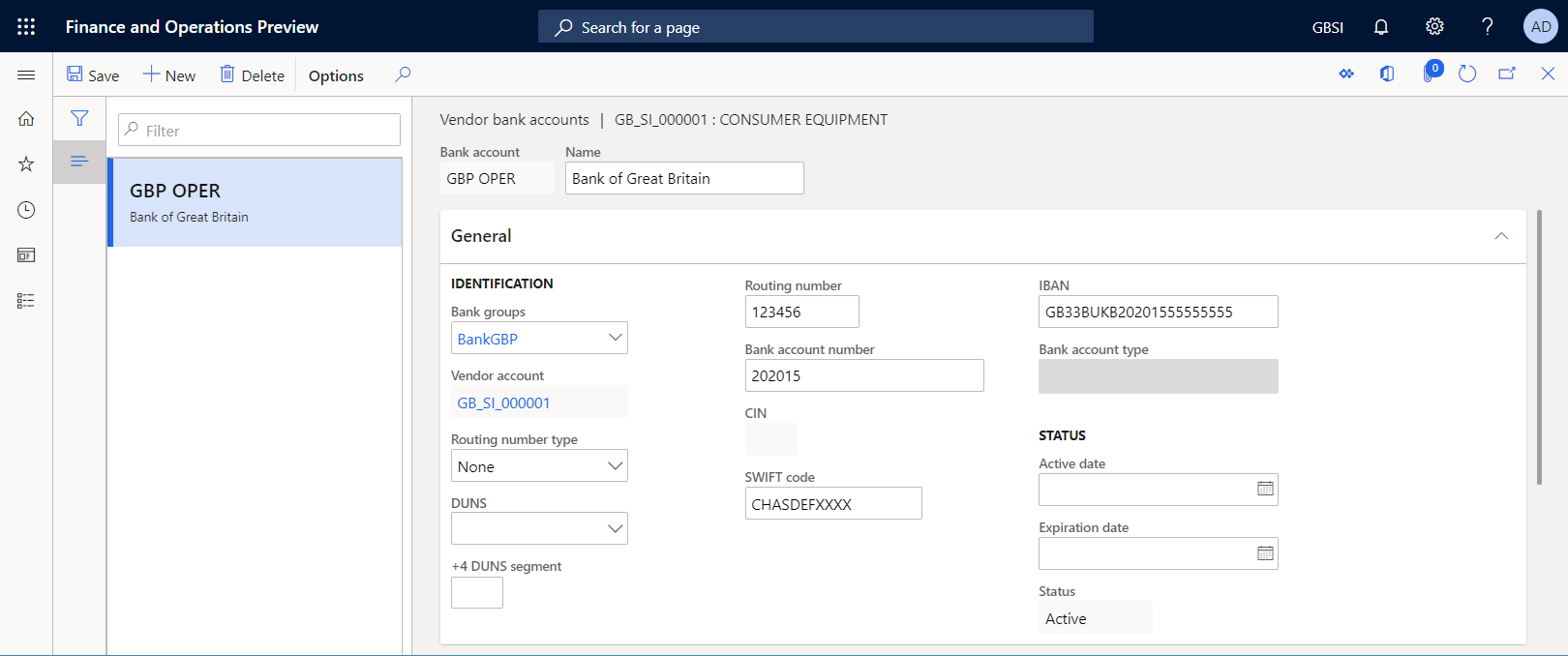 Vendor bank accounts page.