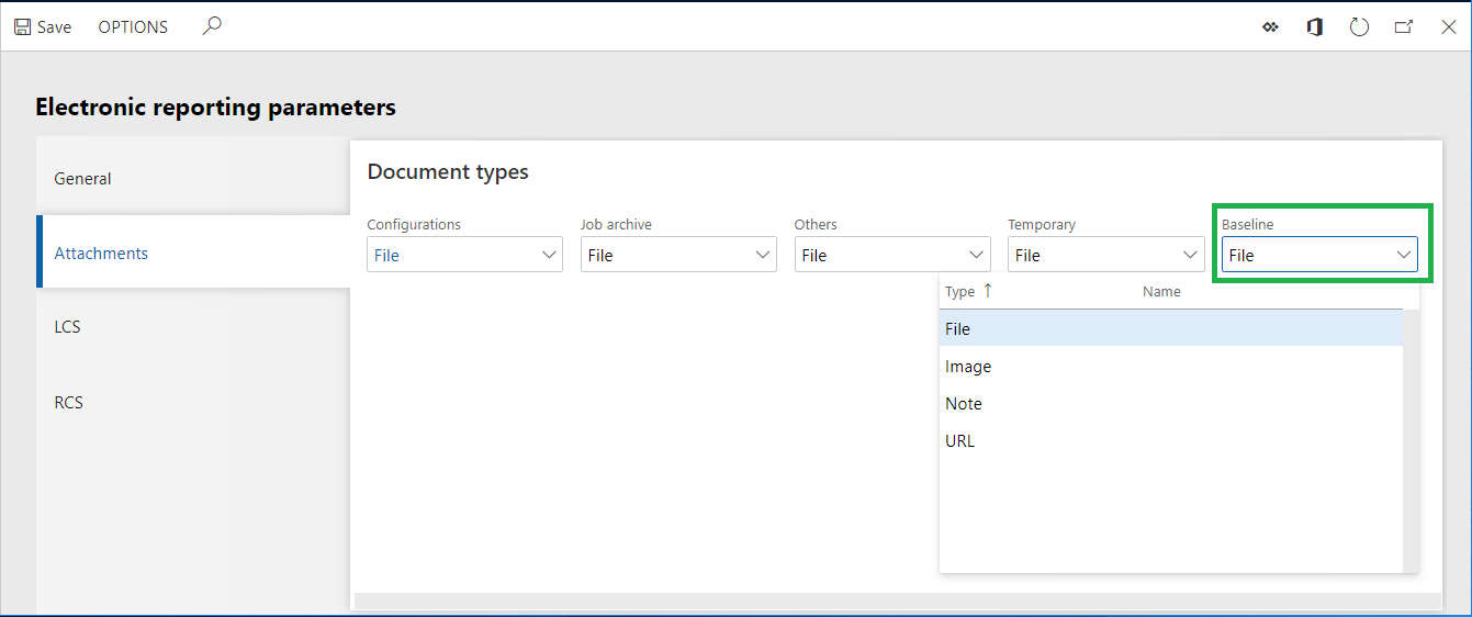 Attachments tab of the Electronic reporting parameters page.