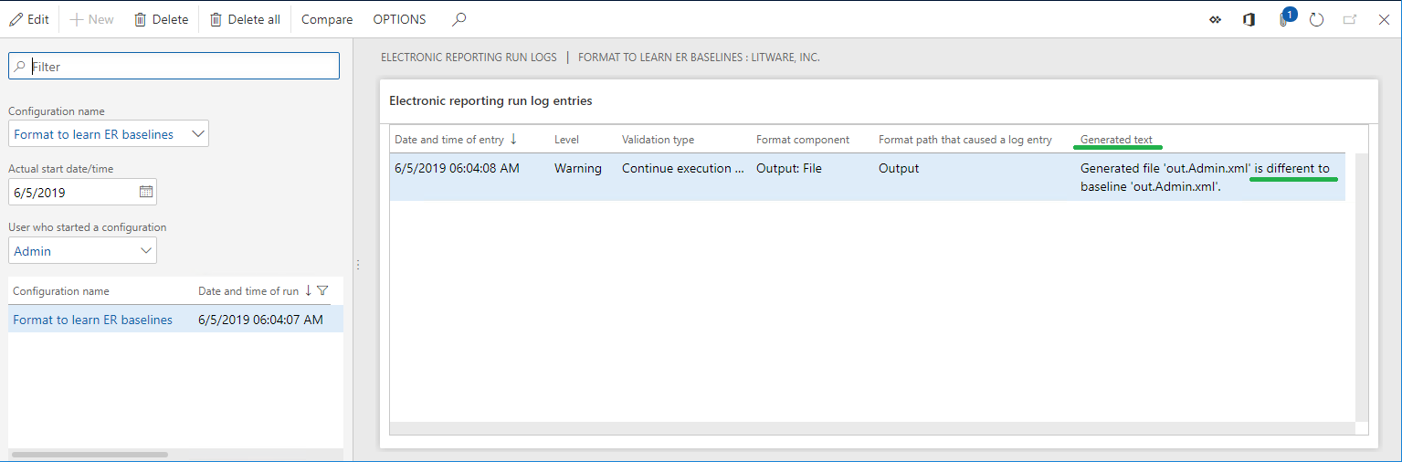 Electronic reporting run logs page, with differing baselines.