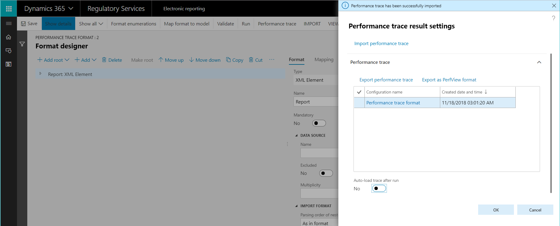 Performance trace result settings dialog box in RCS.