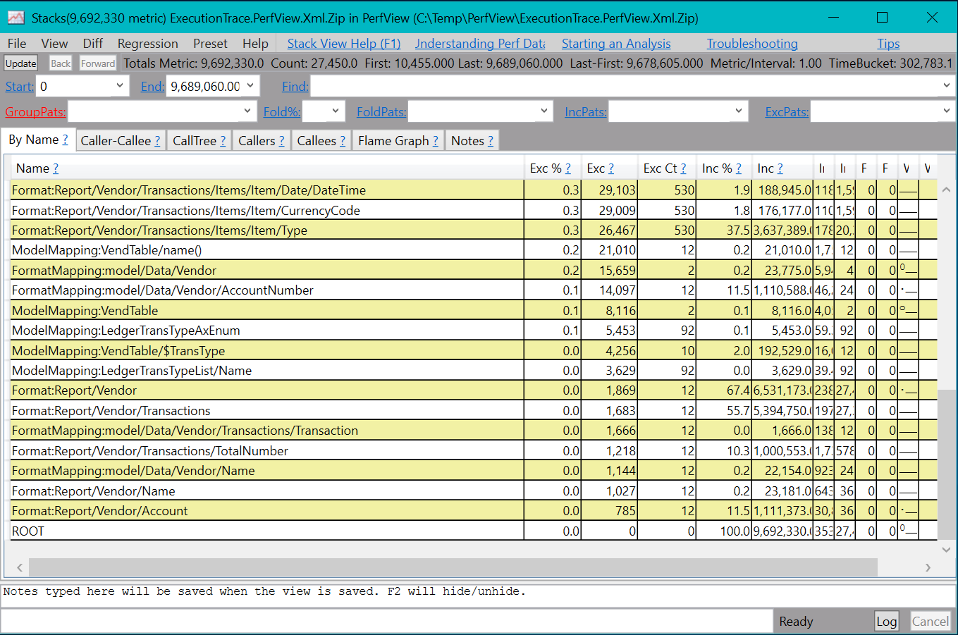 Performance trace information in PerfView format.