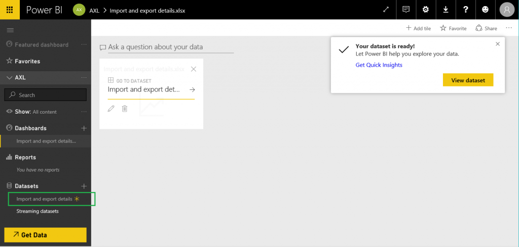 Dataset on the dashboard.