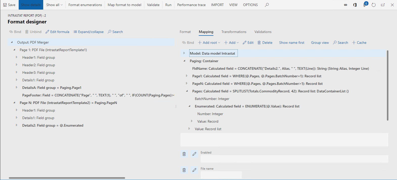 Formula designer page where the model tree is expanded.