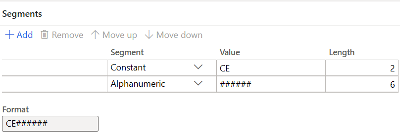 Segments section that shows a Constant value of CE and six numbers in the format of CE######.