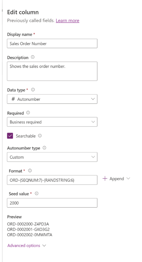 Edit column dialog box where the Sales Order Number column is defined as an autonumber column.