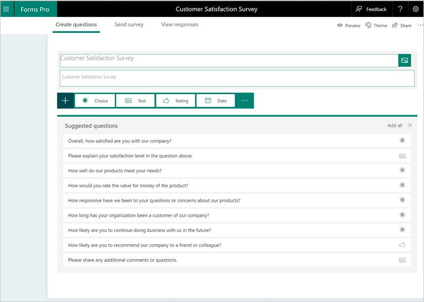 Suggested survey questions in Forms Pro.