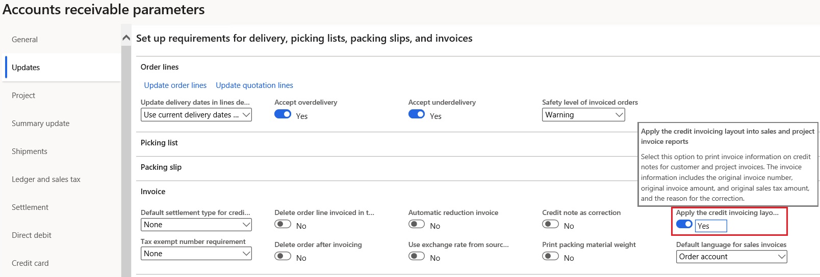 Configuring Accounts receivable parameters.