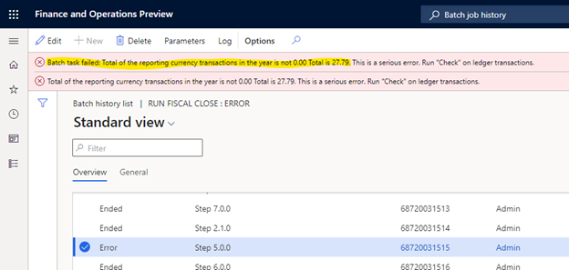 Error message that indicates that the ledger settlement amount isn't 0 (zero).