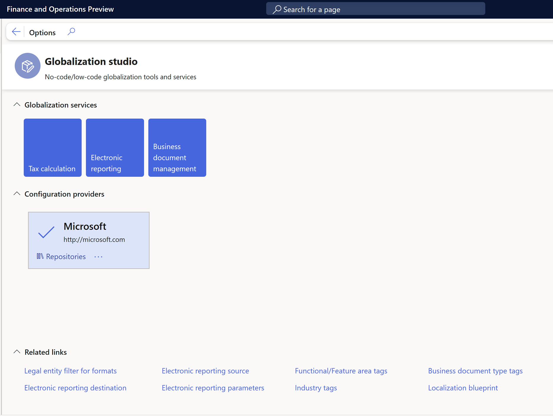 Screenshot that shows the tile for the Microsoft configuration provider in the Globalization Studio workspace.