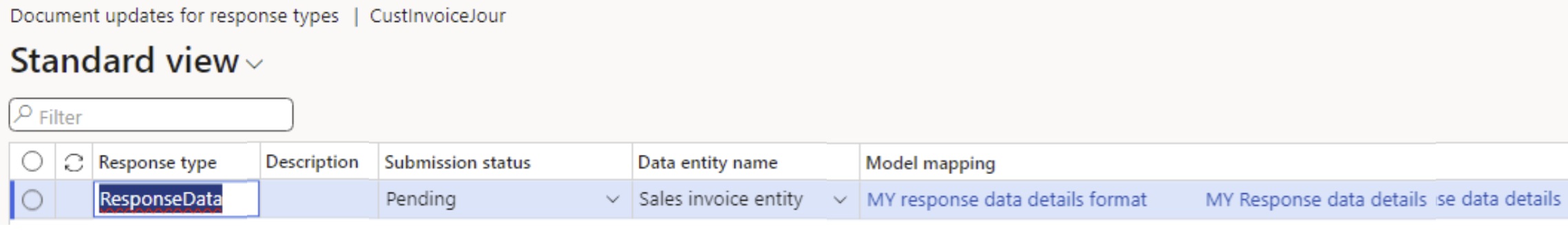 Screenshot of the setup of the response type for the Customer Invoice journal table name on the Document updates for response types page.