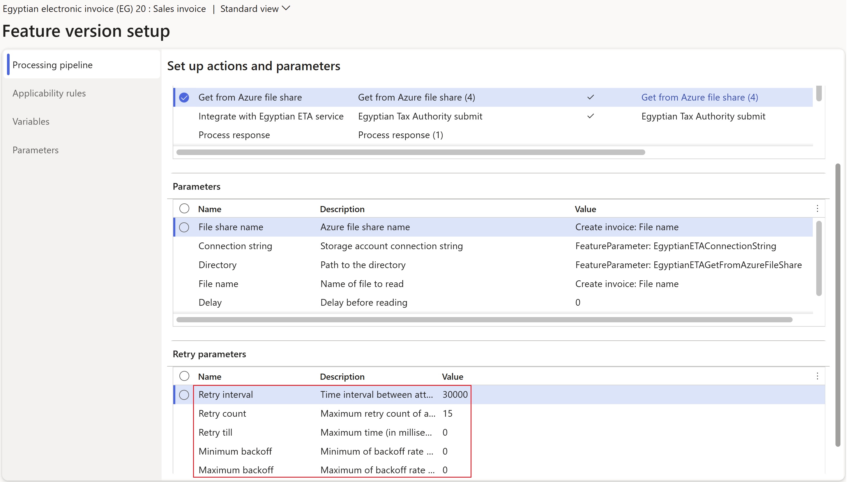 Screenshot that shows the retry parameters for the Globalization feature for Egypt.