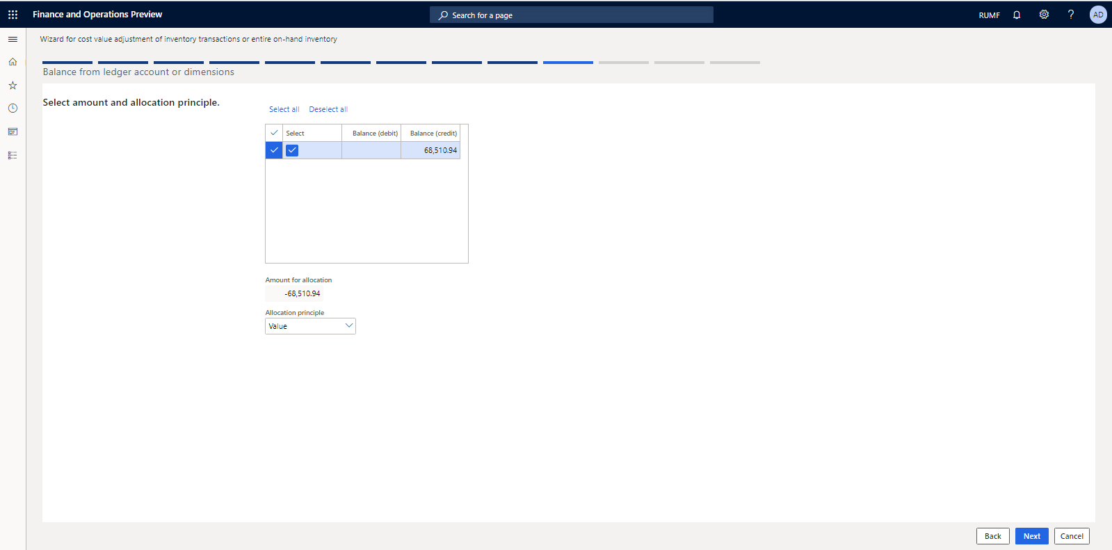 Balance from ledger account or dimensions page, Allocation principle field.