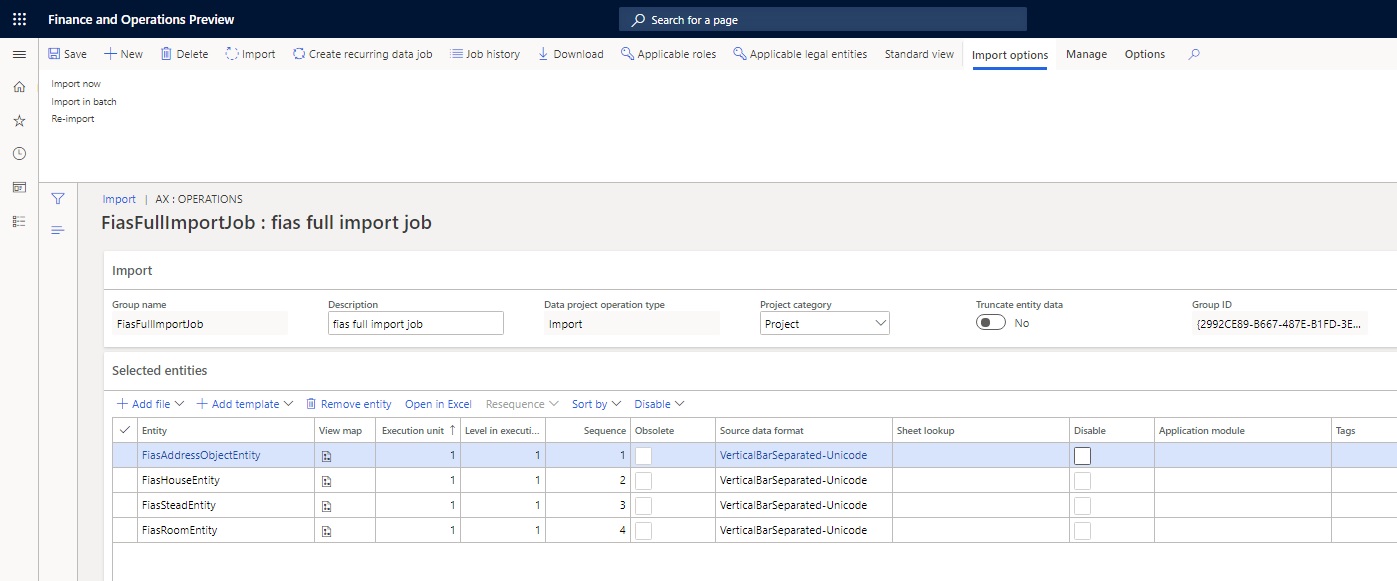 Import page, with fias full import job details.