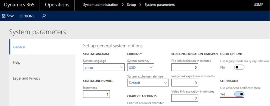 System parameters page, General tab.