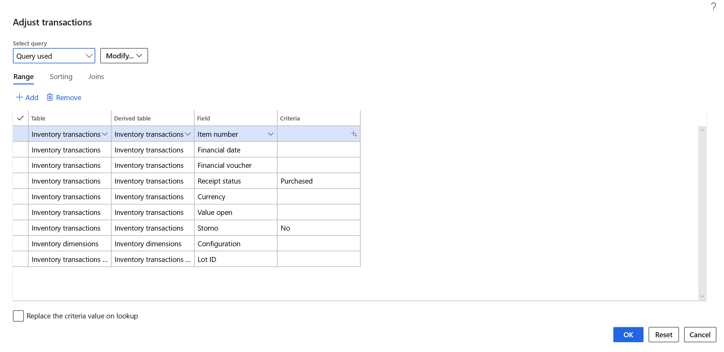 Adjust transactions dialog box.