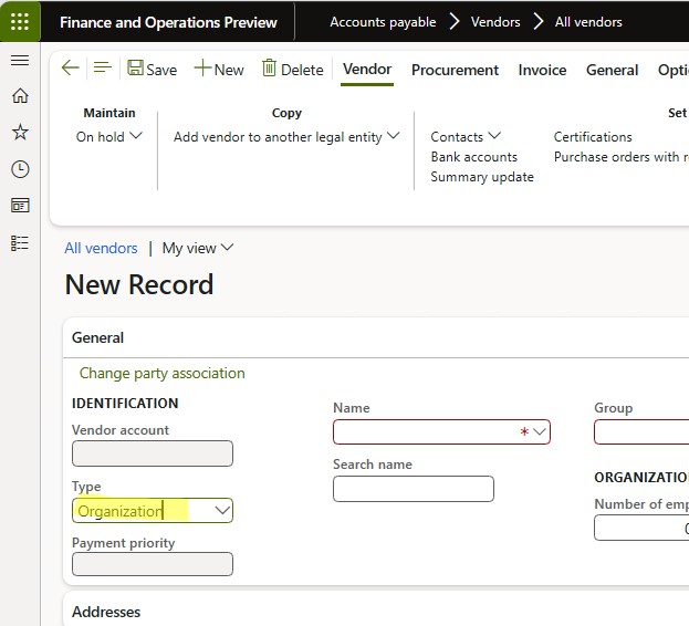 New Organization Vendor.